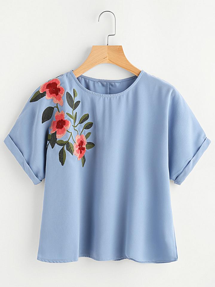 Shein Flower Embroidered Cuffed Sleeve Top