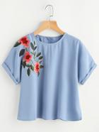 Shein Flower Embroidered Cuffed Sleeve Top