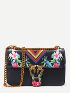 Shein Floral Print Chevron Embroidery Flap Bag With Bird