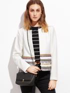 Shein White Collarless Blazer With Embroidered Tape And Fringe Detail