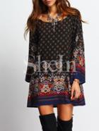 Shein Scoop Neck Bell Sleeve Vintage Print Shift Dress