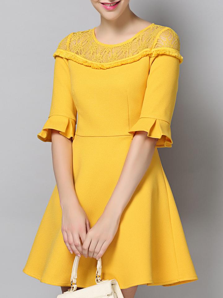 Shein Yellow Round Neck Half Sleeve Contrast Lace A-line Dress