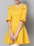 Shein Yellow Round Neck Half Sleeve Contrast Lace A-line Dress