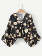 Shein Ruffle Sleeve Daisy Print Wrap Blouse