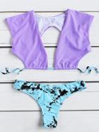 Shein Purple Plunge Neck Open Back Mix & Match Bikini Set