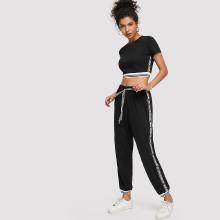 Shein Striped Crop Top & Lettering Sweatpants Set
