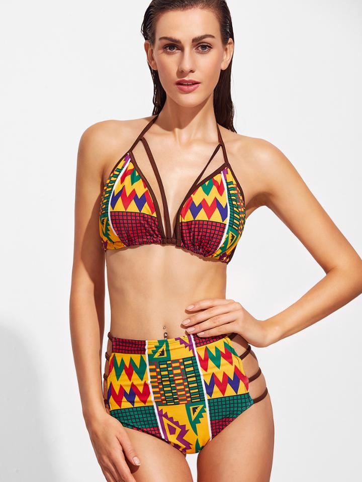 Shein Multicolor Printed Ladder Cutout High Waist Bikini Set