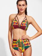 Shein Multicolor Printed Ladder Cutout High Waist Bikini Set
