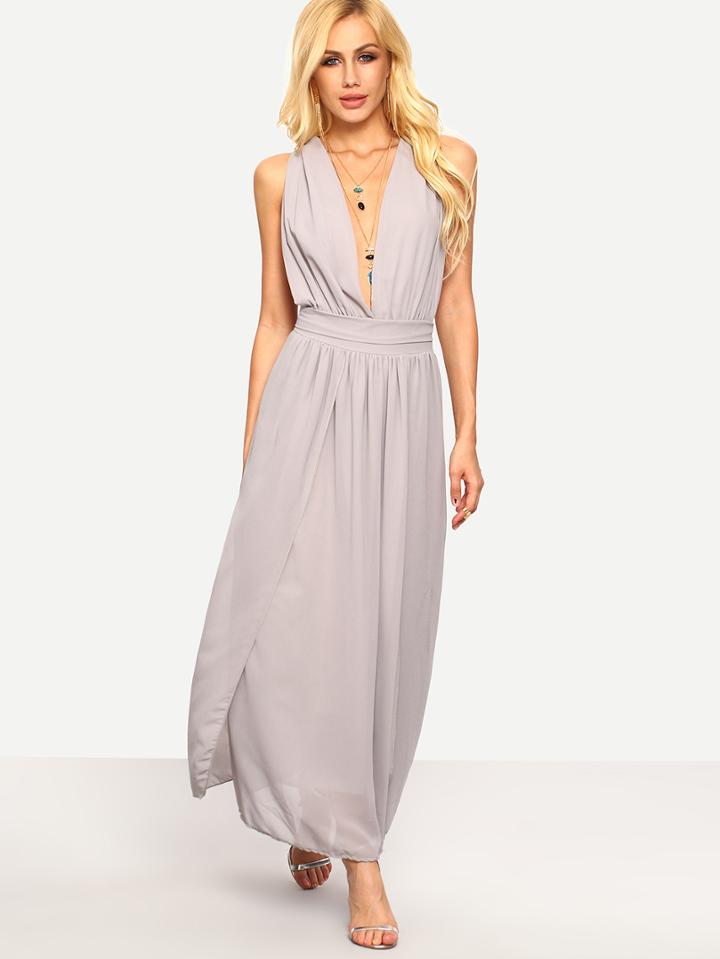 Shein Purple Plunge Neck Tie-back Chiffon Dress