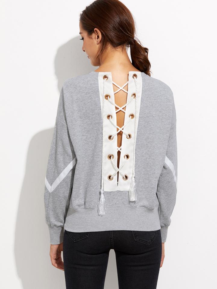 Shein Grey Lace Up Back Drop Shoulder Stripe Sweatshirt