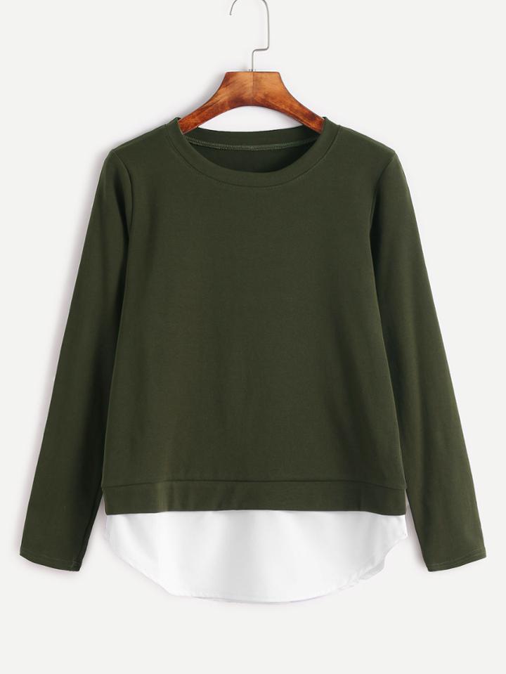 Shein Army Green Contrast Hem 2 In 1 Sweatshirt