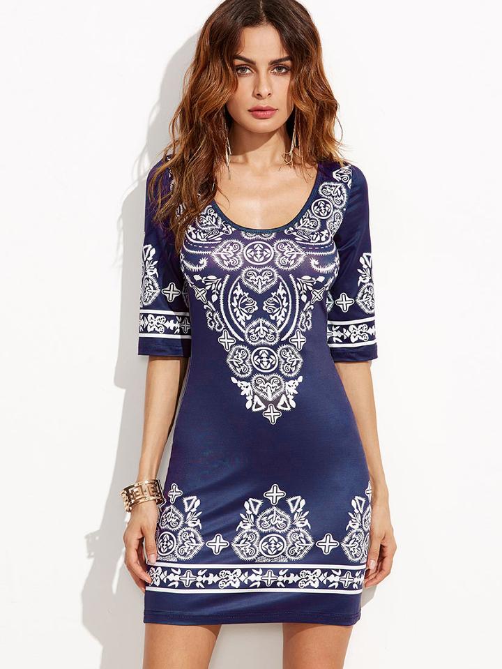 Shein Blue Vintage Print Bodycon Dress