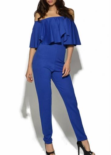 Rosewe Off The Shoulder Ruffle Decorated Blue Jumpsuit