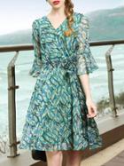 Shein Bell Sleeve Sheer Leaves Print Dress
