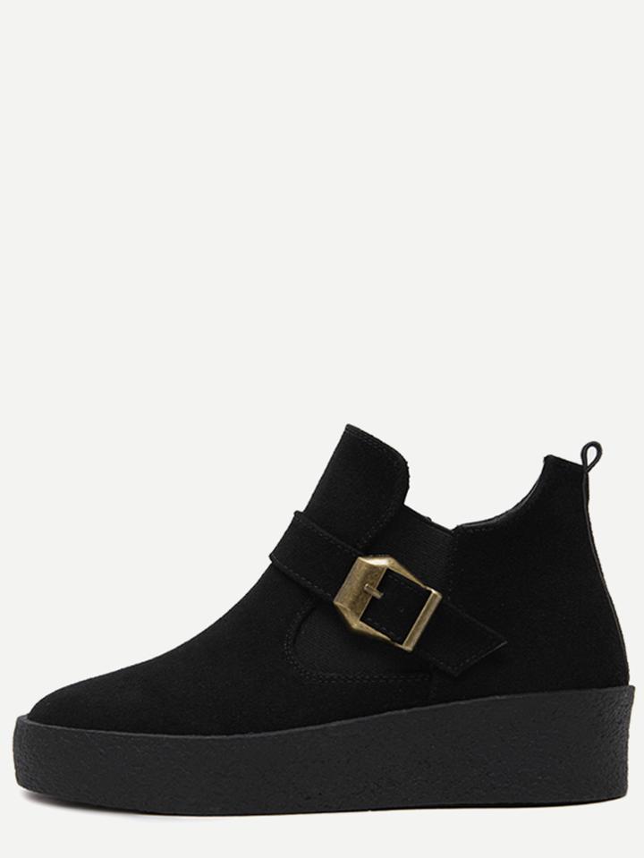 Shein Black Faux Suede Buckle Strap Rubber Soled Ankle Boots