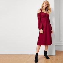 Shein Self Tie Cold Shoulder Bishop Sleeve Dress