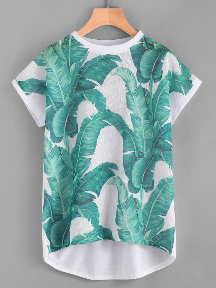 Shein Palm Leaf Print Dip Hem Tee