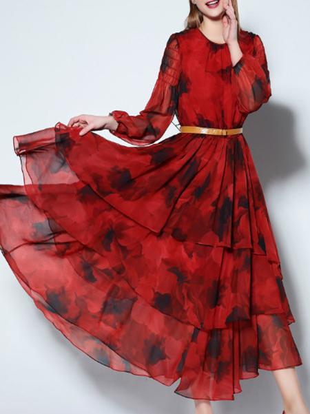 Shein Burgundy Belted Ruffle Print A-line Dress