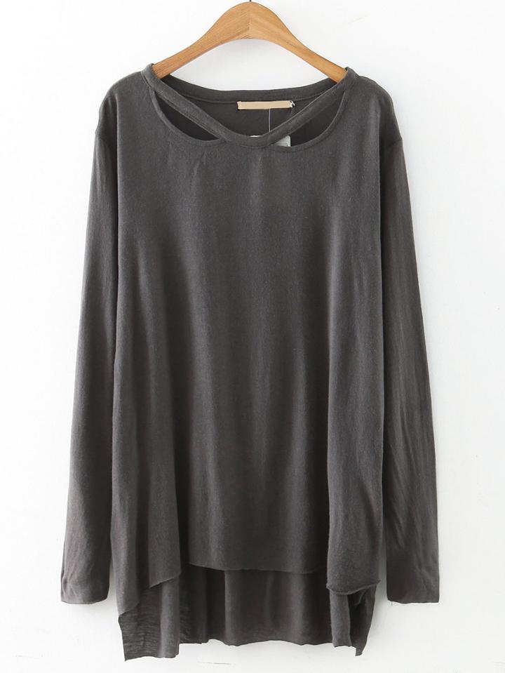 Shein Grey Cut Out Long Sleeve Dip Hem Brushed T-shirt