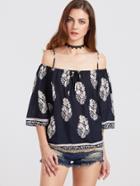 Shein Navy Floral Cold Shoulder Tie Front Blouse