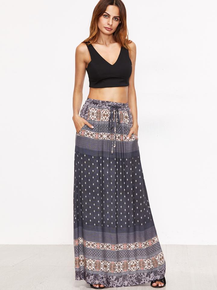 Shein Navy Tribal Print Drawstring Waist Skirt
