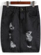Shein Black Pockets Ripped Bodycon Denim Skirt