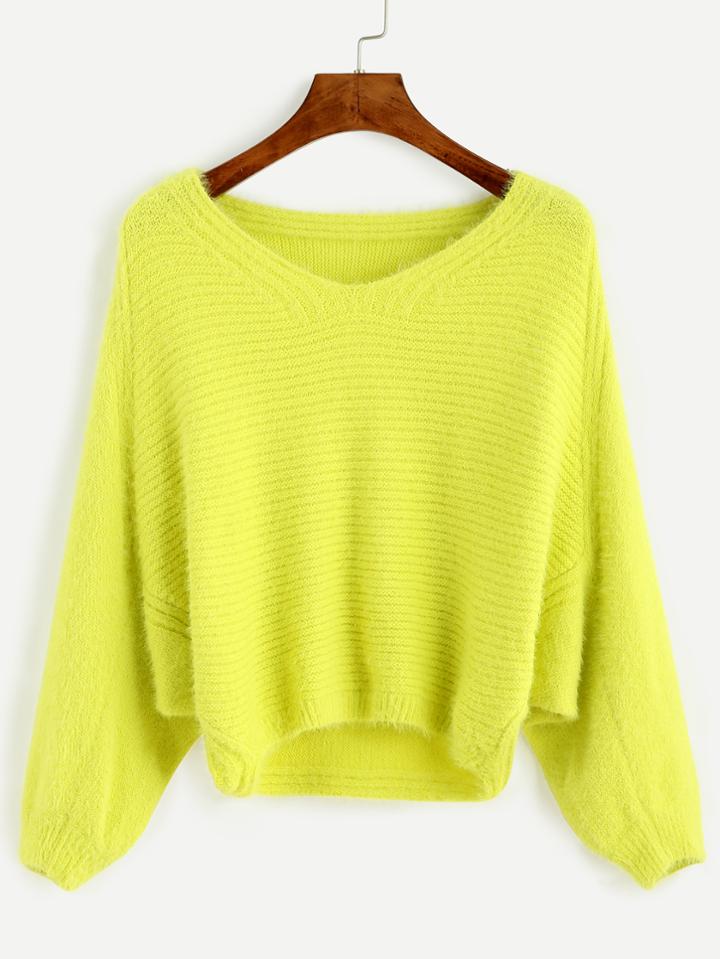 Shein Fluorescent Yellow Ribbed Fuzzy Dip Hem Batwing Sweater