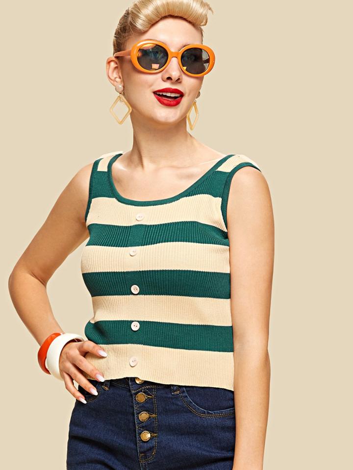 Shein Single Breasted Striped Knit Top