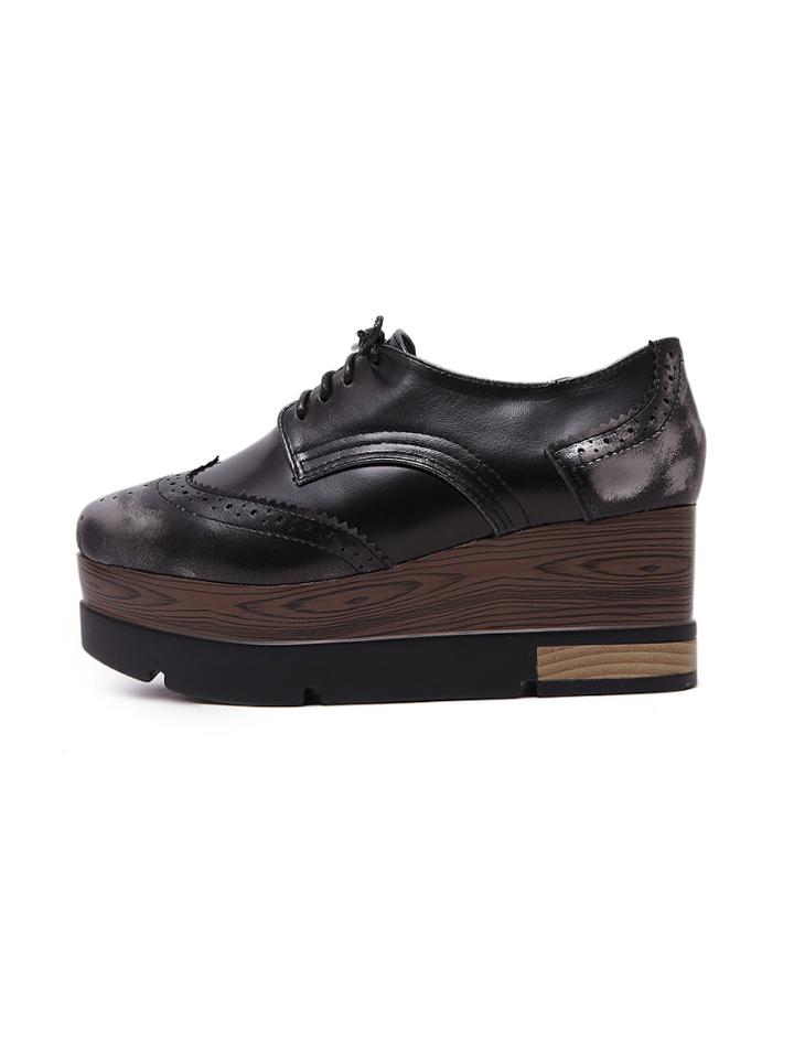 Shein Lace-up Silver Pointed Toe Flatform Brogue Oxford
