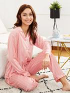 Shein Contrast Binding Striped Shirt & Pants Pj Set