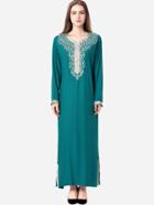 Shein Contrast Trim Embroidered Slit Hem Long Hijab Dress