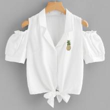 Shein Open Shoulder Knot Front Embroidered Blouse