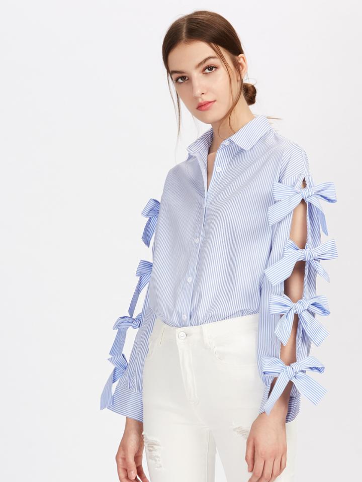 Shein Bow Tied Sleeve Curve Hem Shirt