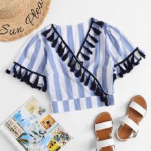 Shein Fringe Trim Striped Wrap Blouse