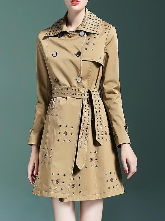 Shein Khaki Lapel Rivet Belted Pockets Coat