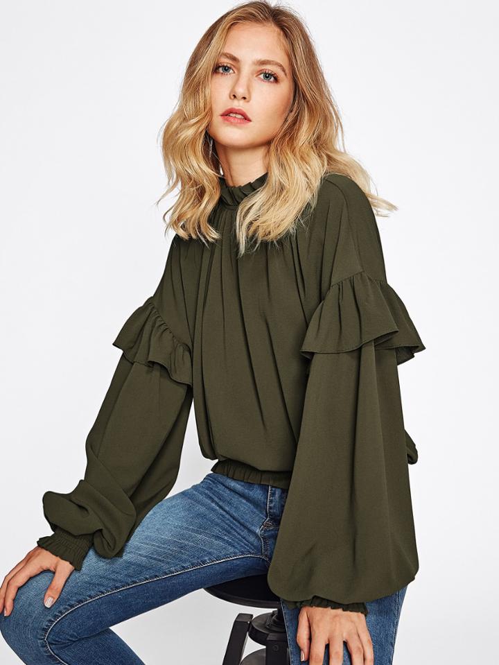 Shein Frill Trim Bishop Sleeve Smocked Hem Blouse