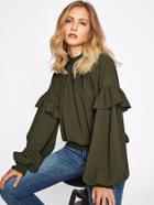 Shein Frill Trim Bishop Sleeve Smocked Hem Blouse