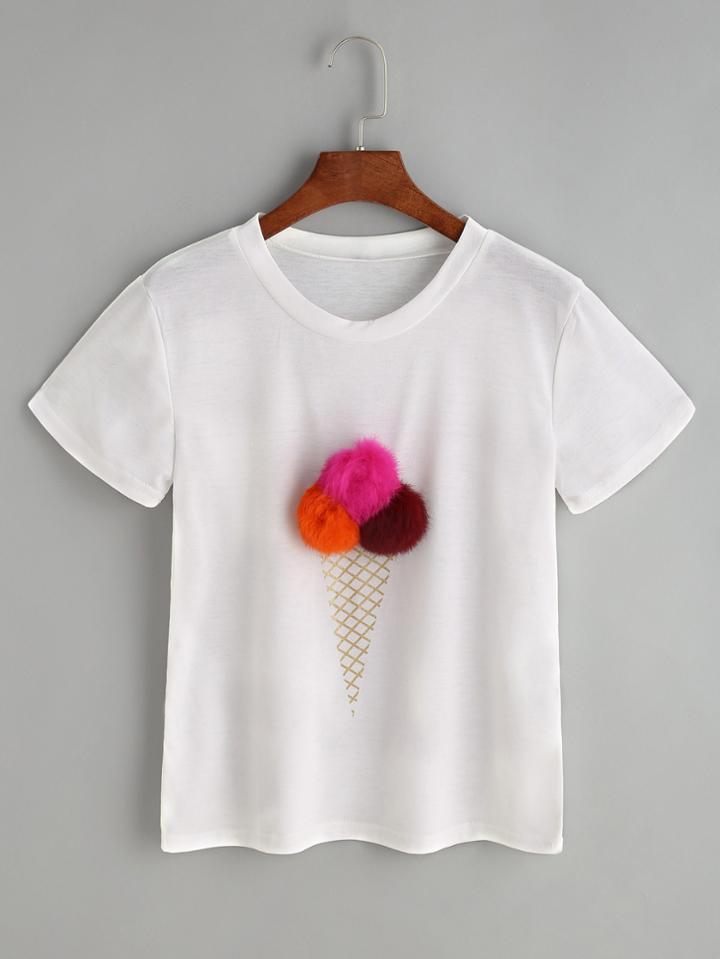 Shein White Ice Cream Print Pom Pom T-shirt