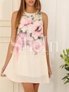 Shein White Poplin Sleeveless Flowery Floral Sweet Mature Print Dress