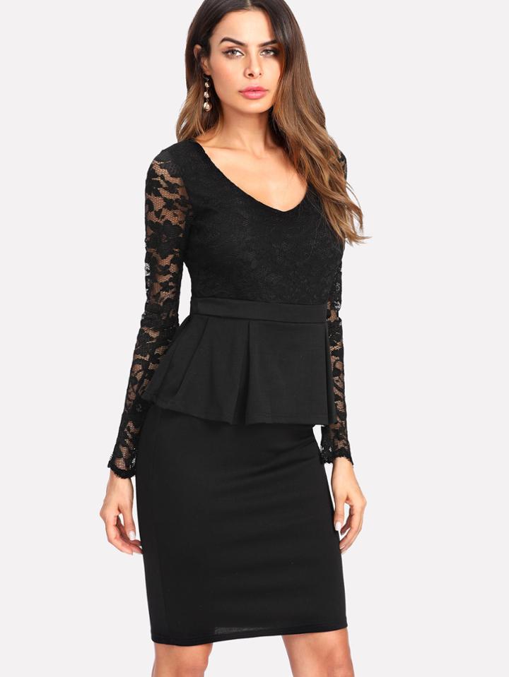 Shein Floral Lace Panel Peplum Dress