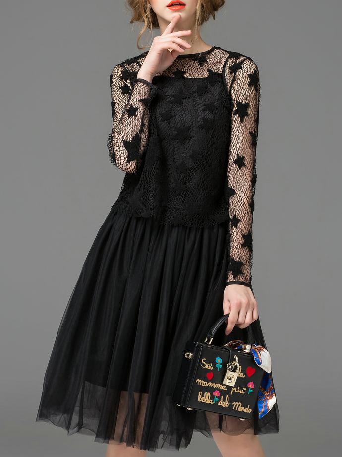 Shein Black Sheer Sleeve Stars Lace Twinset Dress