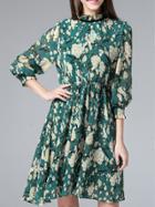 Shein Green Ruffle Neck Pleated Floral A-line Dress