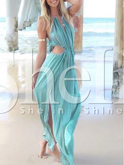 Shein Turquoise Spaghetti Strap Bohemian Strappy Cut Out Beachwear Maxi Dress