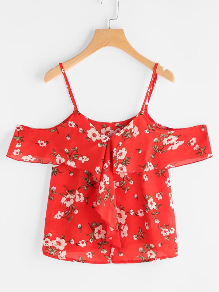Shein Cold Shoulder Calico Print Frill Trim Top