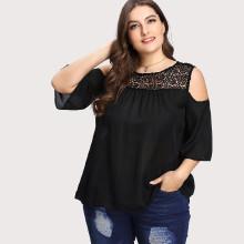 Shein Plus Contrast Lace Open The Shoulder Top