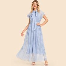 Shein Tie Neck Lace Applique Dot Mesh Dress With Cami
