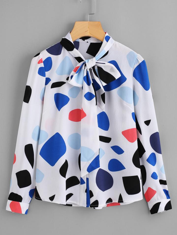 Shein Abstract Print Bow Tie Neck Shirt