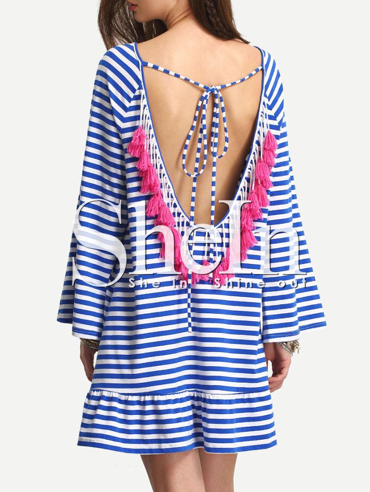 Shein Blue White Striped Backless Tassel Shift Dress