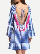 Shein Blue White Striped Backless Tassel Shift Dress