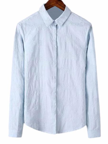 Shein Light Blue Long Sleeve Embroidery Lapel Blouse